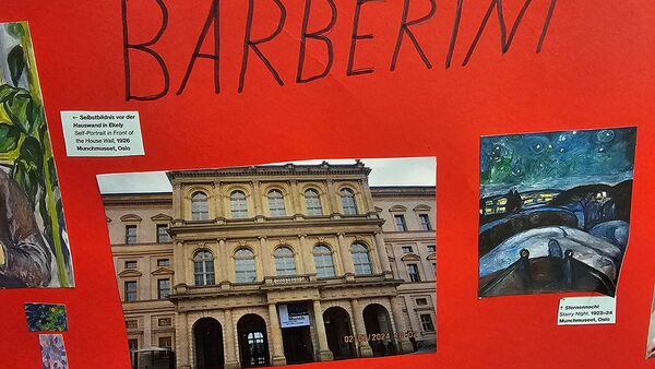 Collage. Rotes Plakat mit Fotos und bildern beklebt. Foto vom Museum Barberini Eingang und Außenfassade. Dann Bilder von Malern die im Barberini vertreten sind. Beschriftung der Bilder in kleiner Schrift.