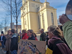 Blauer Himmel, Sonne scheint. Menschen mit Protest-Schildern. Eine Frau in einen Kleid spricht in ein Mikrofon.