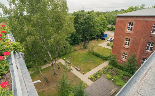Blick von der Dachterrasse nach unten. Bäume, Wiese, Bänke, kleiner Garten.