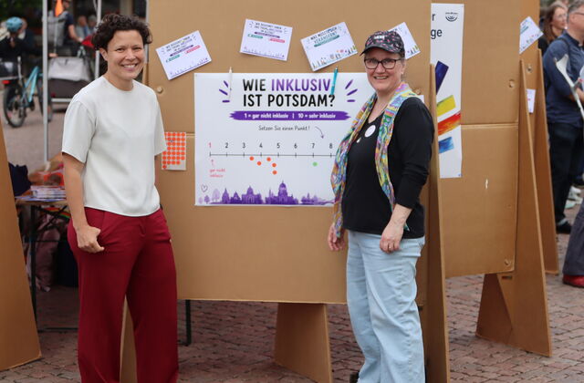 2 Frauen vor einer Stellwand mit Plakat. Die Frage: Wie inklusiv ist Potsdam?   Darunter ein Strahl von 1 bis 10.
