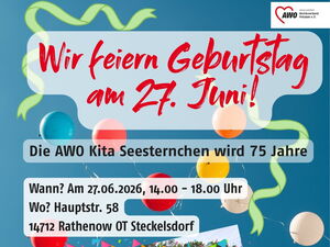 Einladungsflyer. Bunt mit Luftschlangen und Luftballons und ein Foto des Kita Gebäude. Text wann, wo und Programm.