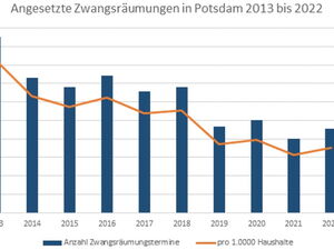 Säulendiagramm zu angesetzten Zwangsräumungen in Potsdam von 2013 bis 2022, mit jährlich dargestellten Balken und einer abnehmenden Trendlinie.