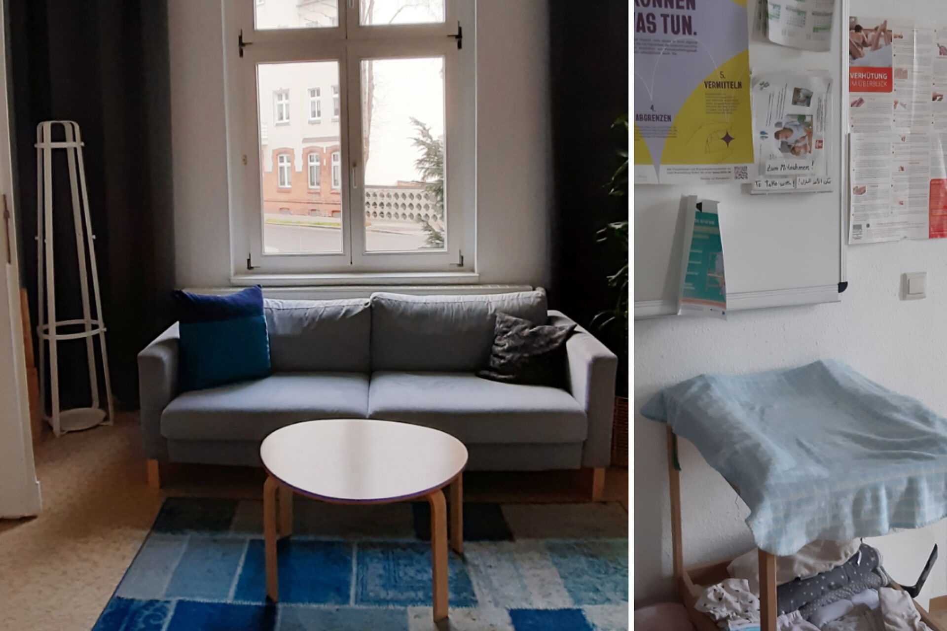 Collage 2 Bilder. 1. Bild Couch vor Fenster kleiner runder Tisch davor. 2. Bild Puppenbett