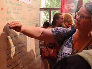 Großes beschriebenes Flipchart. Teilnehmende kleben farbige Punkte zu Stichpunkten darauf.