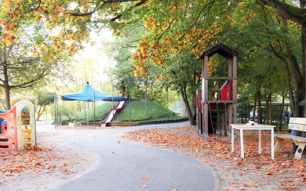 Geschlängelter Gehweg. Spielplatz, mit Klettergerüst und Rutsche. Es ist Herbst.