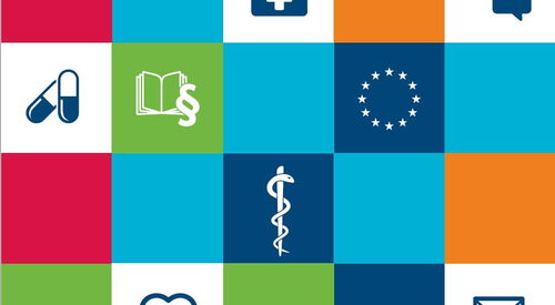 Symbole in farbigen Kacheln. Medizinkoffer, Sprechblasen, Tabletten, Nachricht senden, Europa Sterne, Der Äskulapstab, Herz