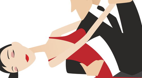 Ein Paar tanzt Tango, stilisiert in einer minimalistischen Grafik, die die tänzerische Haltung und Eleganz betont.