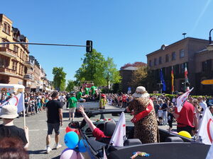 Festumzug. Von Menschen gesäumte Straßen. Mehrere geschmückte Fahrzeuge bei blauen Himmel und Sonne.