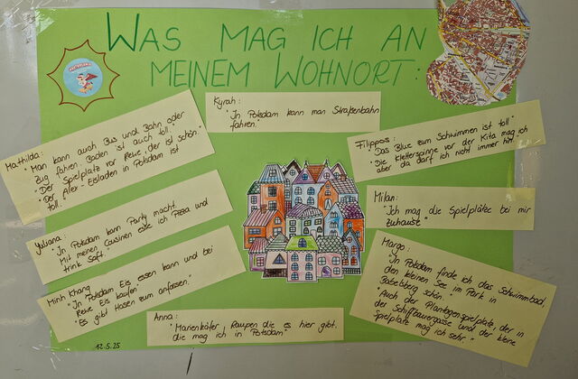 Großes grünes Plakat an einer Wand.  Mit Text: "Was mag ich an meinem Wohnort"  Zitate von Kindern. In der Mitte ein bild mit vielen Häusern.