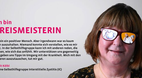 Rechts im Bild, eine Frau mit Sonnenbrille mit farbigen Gläsern. Links Text: Ich bin Kreismeisterin. Ich bin ein positiver Mensch. Aber irgendwann war es kaum noch auszuhalten....