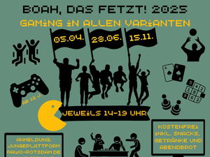 Aufruf ein Plakat mit vielen schwarzen kleinen Bildern, Karten, Würfel, Spielkonsolen-Controller    Text: Gaming in allen Varianten, am 5.4. 28.06 und 15.11, 14 - 19 Uhr, Kostenfrei