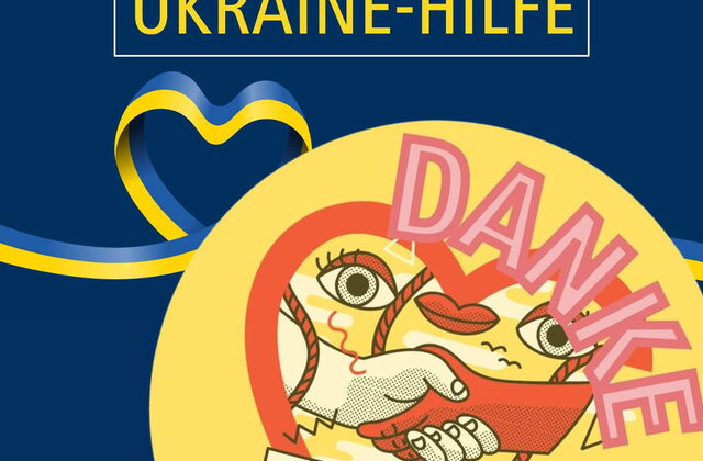 Auf dem Bild sind auf dunkelblauem Hintergrund die beiden Logos von den Stadtwerken Potsdam und der Arbeiterwohlfahrt zu sehen. Unter einer gelb-blauen Schleife - das sind die Landesfarben der Ukraine - steht der Schriftzug Danke