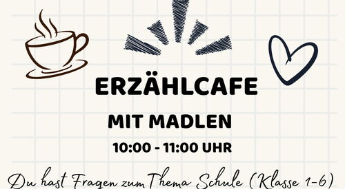 Einladungsflyer zum Erzählcafé mit allen Zeiten. Oben links eine Grafik von einer Kaffeetasse, oben rechts ein Herz