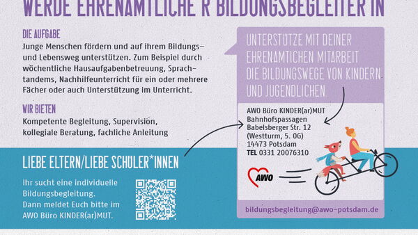 Infografik mit Text zur Gewinnung ehrenamtlicher Bildungsbegleiter. Rechts unten eine Illustration von einem Fuchs und Kind auf einem Tandem.