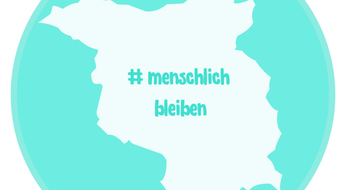 Kreis in türkis. Brandenburg als Bundesland und weis / Umriss. Darin steht # menschlich bleiben