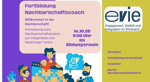 vier grafisch gestaltete Personen die gemeinsam große Puzzleteile zusammenstecken und das Logo des Veransatlters