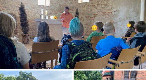 Collage: 4 Fotos. Kinder in Kirche, Kinder beim Kirchengebäude.