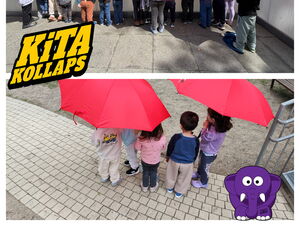 Collage 2 Bilder. 1. Bild oben: Kinder stehen in der Sonne und haben rote Regenschirme über sich aufgespannt, 2. Bild unten: 5 Kinder mit roten Regenschirmen.