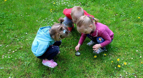 Drei kleine Kinder hocken auf der Wiese und betrachten forschend das Gras. Ein Kind schaut dabei durch eine Lupe.