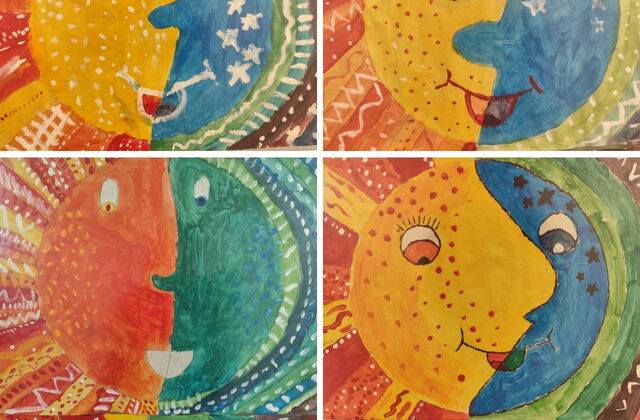 Collage 6 Kinderzeichnungen: Sonne (gelb, orange) Mond (blau, grün) vereint. Einige Bilder haben auch noch Sterne im Mond.