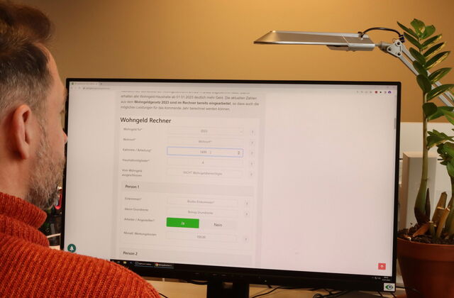 Es ist ein Mann von hinten zu sehen, der vor einem Monitor sitzt und die Seite des Wohngeldrechners aufgerufen hat.