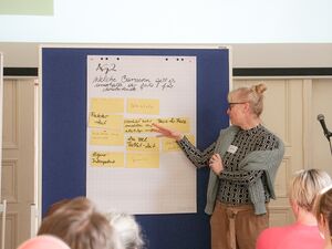 Seminarraum. Ausführung der Gruppenarbeit. Blonde Frau mit Dutt, Brille, steht schräg vorm Flipchart: Welche Barrieren gibt es innerhalb der AWO für Mitarbeitende. Darunter sind gelbe Moderationskarten mit Stichpunkten. Zuhörende sitzen im Raum.