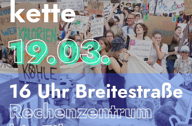 Plakat: Fridays for Future Potsdam Logo. Streikende Menschen. Text: Menschenkette | 19.03., 16 Uhr, Breitestraße | Rechenzentrum bis Filmmuseum