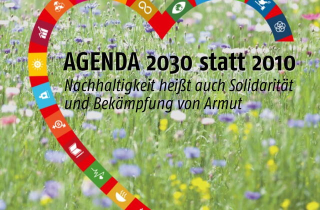 Hintergrund Blumenwiese. Ein AWO Logo Herz mit verschieden Symbolen. Text: AGENDA 2030 statt 2010