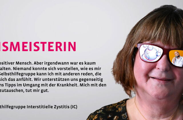 Rechts im Bild, eine Frau mit Sonnenbrille mit farbigen Gläsern. Links Text: Ich bin Kreismeisterin. Ich bin ein positiver Mensch. Aber irgendwann war es kaum noch auszuhalten....