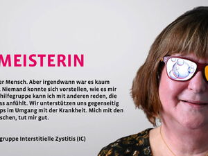 Rechts im Bild, eine Frau mit Sonnenbrille mit farbigen Gläsern. Links Text: Ich bin Kreismeisterin. Ich bin ein positiver Mensch. Aber irgendwann war es kaum noch auszuhalten....