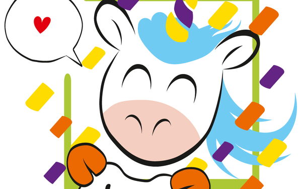 Das Gesicht von einem Comic-Einhorn. Es hält einen Controller und neben dem Kopf eine Sprechblase mit einem roten Herz