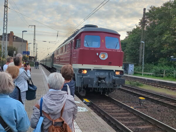 Roter Dieselzug mit weißem Frontstreifen fährt in einen Bahnhof ein, mehrere wartende Personen stehen am Bahnsteig.