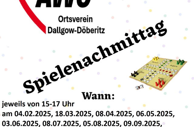 Plakat. Aufruf zum Spielenachmittag mit Datum und Ort. Ein Mensch ärgere Dich nicht Spiel ist rechts abgebildet.