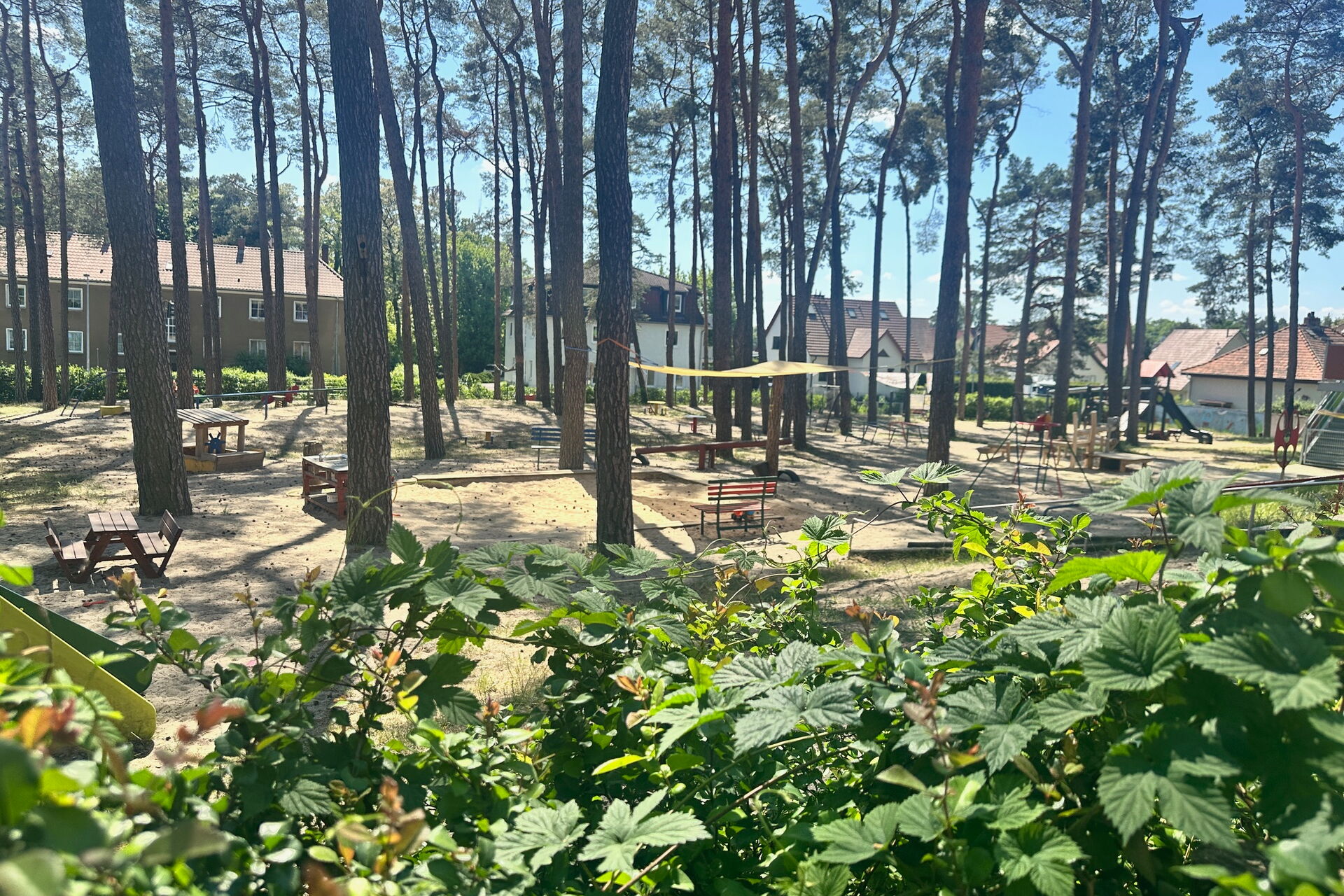 Weitläufiger Spielplatz unter Bäumen. Mit vielen Bänken und Tischen. Im Vordergrund ein Gebüsch.