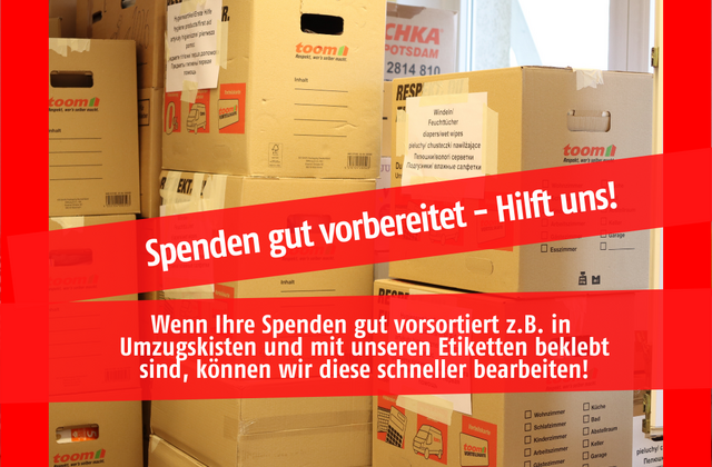 Foto von Spendenkartons und der Aufschrift: Spenden gut vorbereiten - Hilft uns!