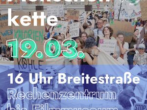 Plakat: Fridays for Future Potsdam Logo. Streikende Menschen. Text: Menschenkette | 19.03., 16 Uhr, Breitestraße | Rechenzentrum bis Filmmuseum