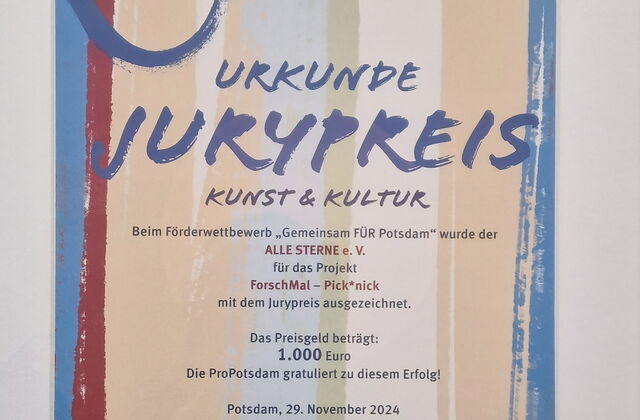 Urkunde in einem Bilderrahmen. Text: Urkunde Jurypreis Kunst und Kultur   Beim Förderpreis "Gemeinsam Für Potsdam"