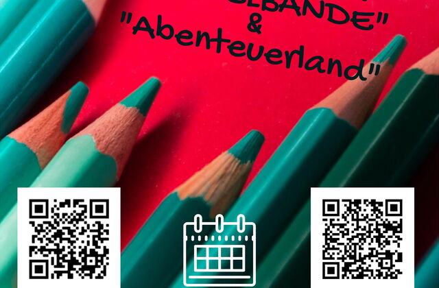 Bild mit Bleistiften und den QR-Codes der Einrichtungen "Rasselbande und "Abenteuerland, Datum 05.05.2026, 14:00Uhr