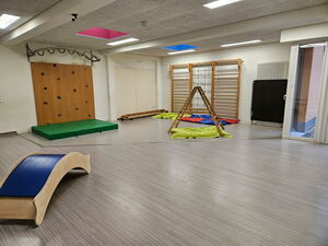 Raum mit Kletterelementen. Boulderwand, Sprossenwand und eine kleine Leiter mit schmalen Sprossen.