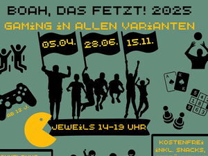 Aufruf ein Plakat mit vielen schwarzen kleinen Bildern, Karten, Würfel, Spielkonsolen-Controller    Text: Gaming in allen Varianten, am 5.4. 28.06 und 15.11, 14 - 19 Uhr, Kostenfrei