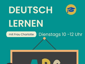 eine Grafik von einer Tafel und einer Lehrerin mit der Zeitangabe: Dienstags 10:00 - 12:00 Uhr