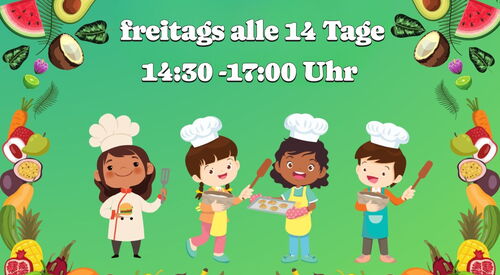 Eine Umrahmung aus verschiedenen Früchten, vier Kinder in Kochoutfit, der Hintergrund ist grün, oben steht das Wort "EkiZ Küchenbande"