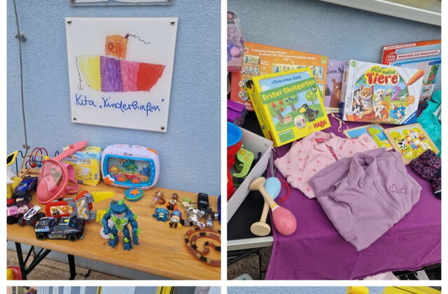 Collage aus 4 Bildern in weißem Rahmen. Bilder von Kinderkleidung, Spielzeig und Kinderbüchern.