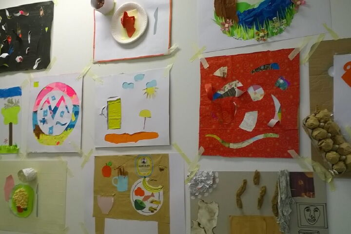 Kreative Bilder an einer Wand. Verschiedene Collagen.