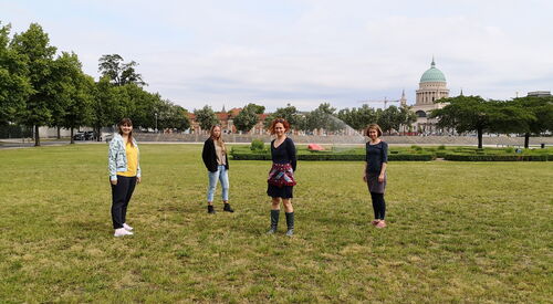 Vier Frauen stehen verteilt auf einer Wiese. Blick zur Kamera.
