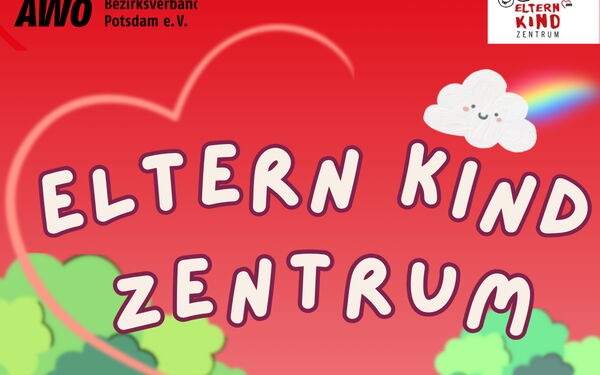 Viele verschiedene Familien auf eine roten Hintergrund. Zwei Bäume, ein Hund, ein grüner Luftballon und die Überschrift: Eltern-Kind-Zentrum