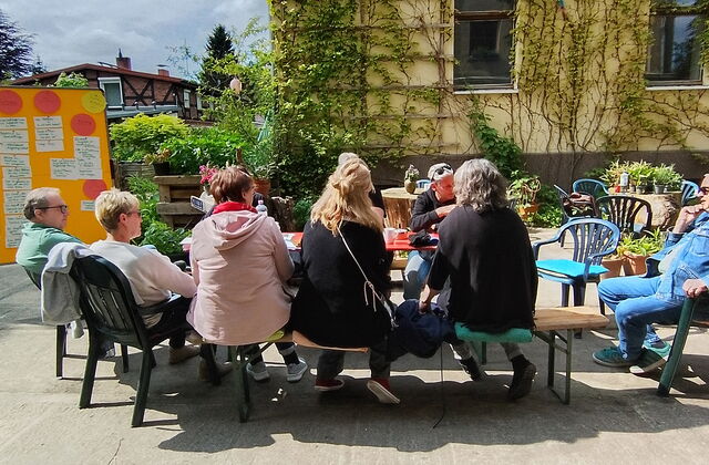 Gruppe von sitzenden Menschen um einen Tisch, darußen. Die Sonne scheint. Links eine Metaplan-Wand mit angehefteten Karten