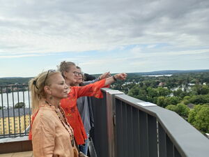 Aussicht genießen. Drei Frauen am hohen Geländer einer Aussichtsplattform, Bäume und Häuser sind unten. Graue Wolken über ihnen.