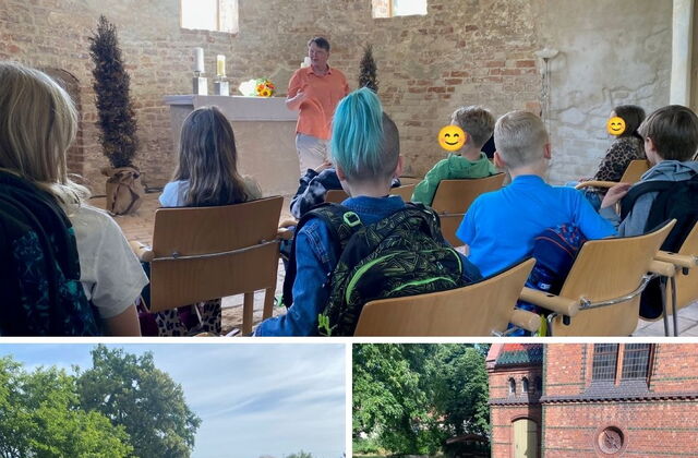 Collage: 4 Fotos. Kinder in Kirche, Kinder beim Kirchengebäude.
