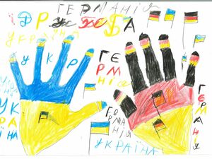 Hier sehen sie ein Bild, gemalt von einem ukrainischen Kind zum Thema Ukraine-Krieg